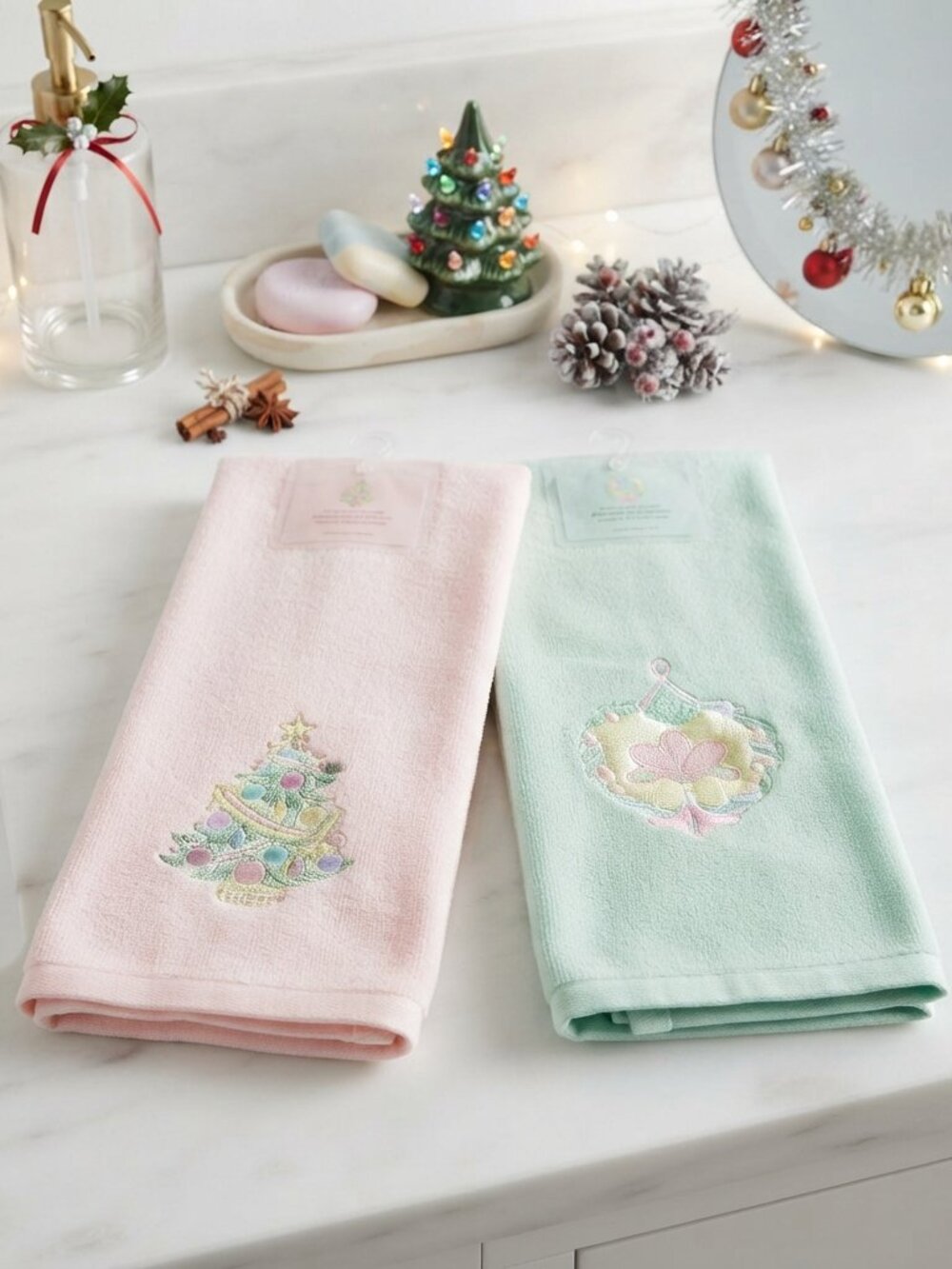 Pair of Pastel Christmas Hand Towels New